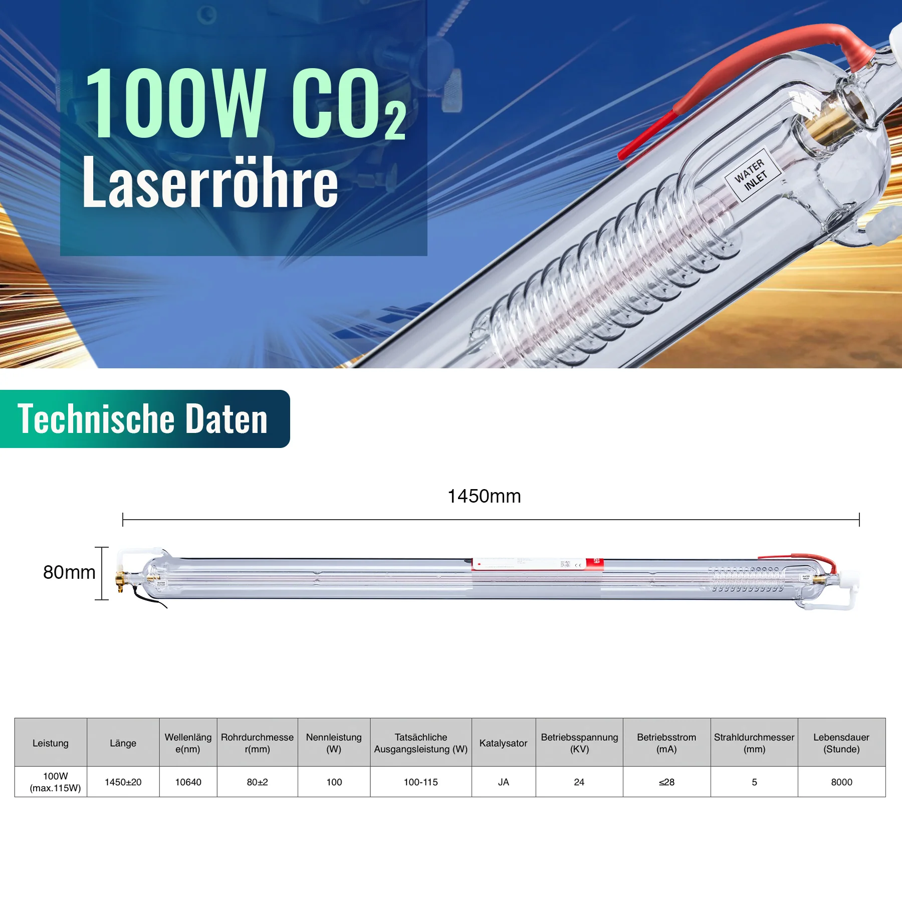 100W CO2 Laserröhre & Laser Tube für Laser Graviermaschinen und Lasercutter | 0100 - Image 3
