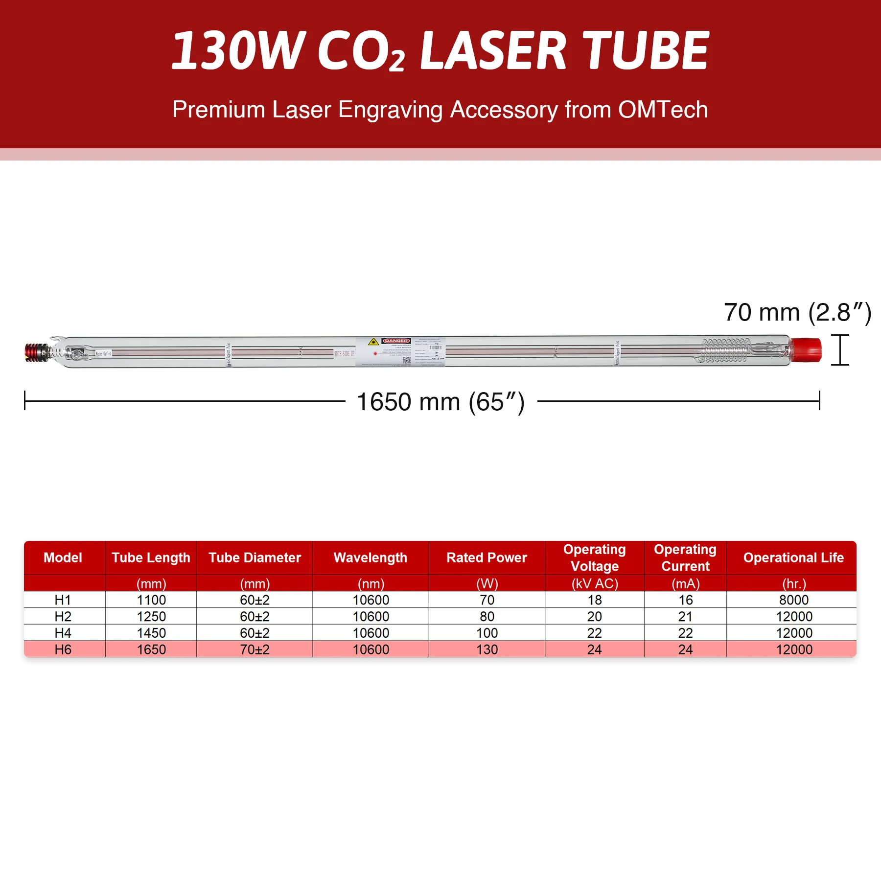 130W CO2 Laserröhre & Laser Tube für Laser Graviermaschinen und Lasercutter | YL-130 - Image 3