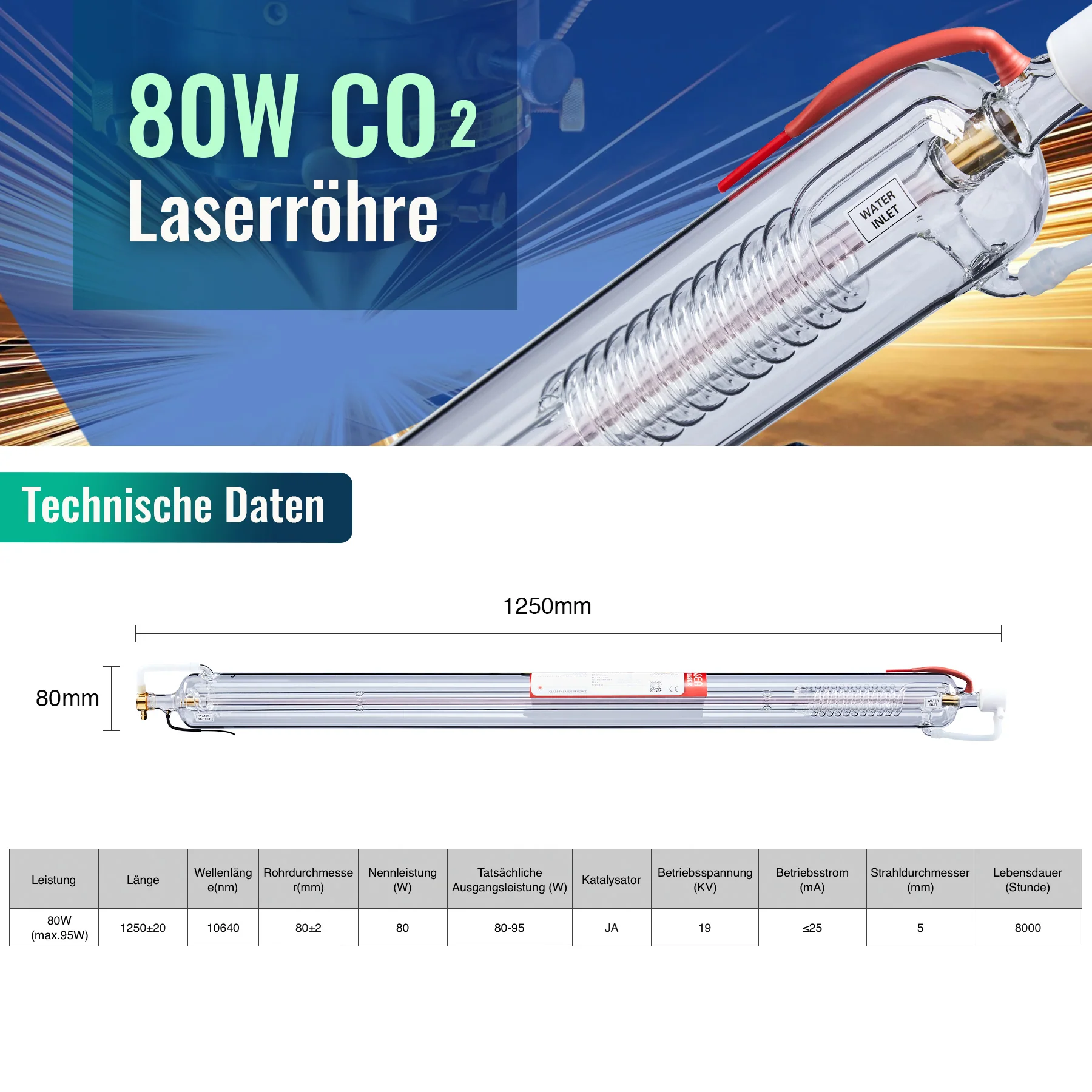 80W CO2 Laserröhre & Laser Tube für Laser Graviermaschinen und Lasercutter | 0080 - Image 4